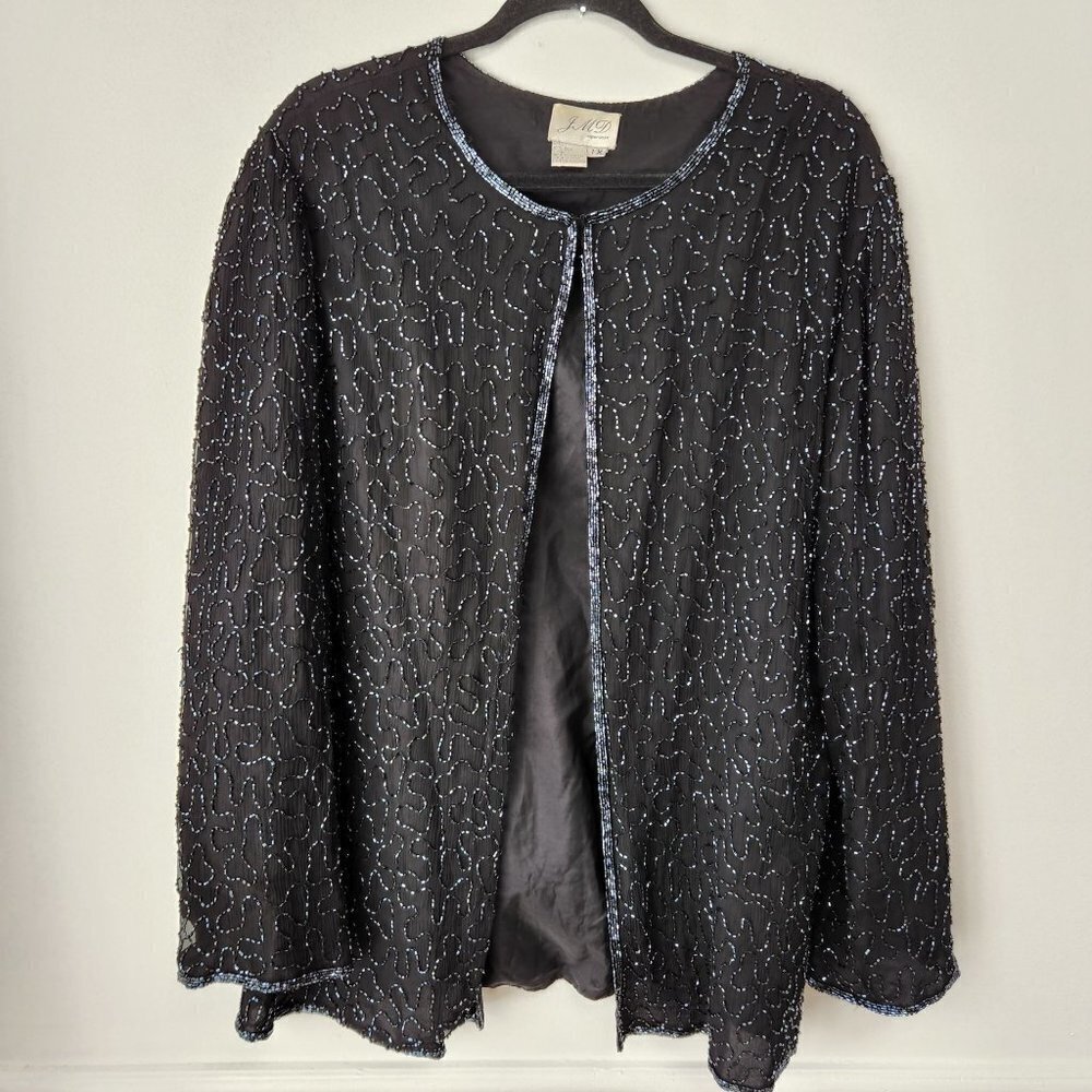 JMD Vintage 100% Silk Beaded Open Front Cardigan Black Jacket Women's XL